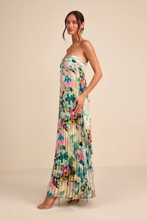 Whimsical Beauty Multi Floral Satin Plisse Strapless Maxi Dress sold by Lulus product image thumbnail 4