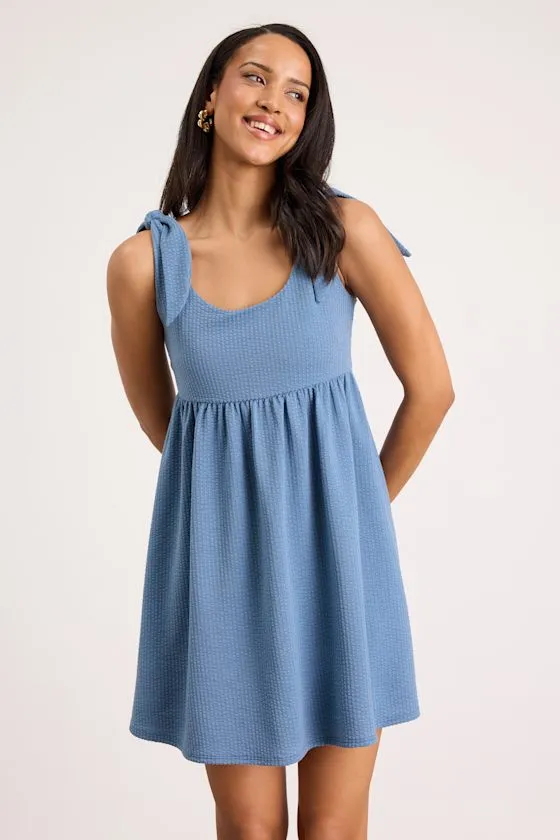 Cute Certainty Slate Textured Ribbed Knit Tie-Strap Mini Dress sold by Lulus