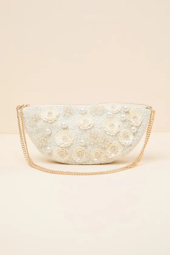 Eira White Beaded Pearl Floral Shoulder Bag sold by Lulus