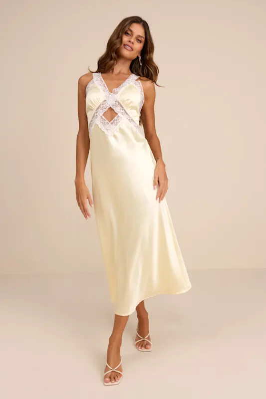 Camara Pale Yellow Satin Lace Slip Midi Dress sold by Lulus