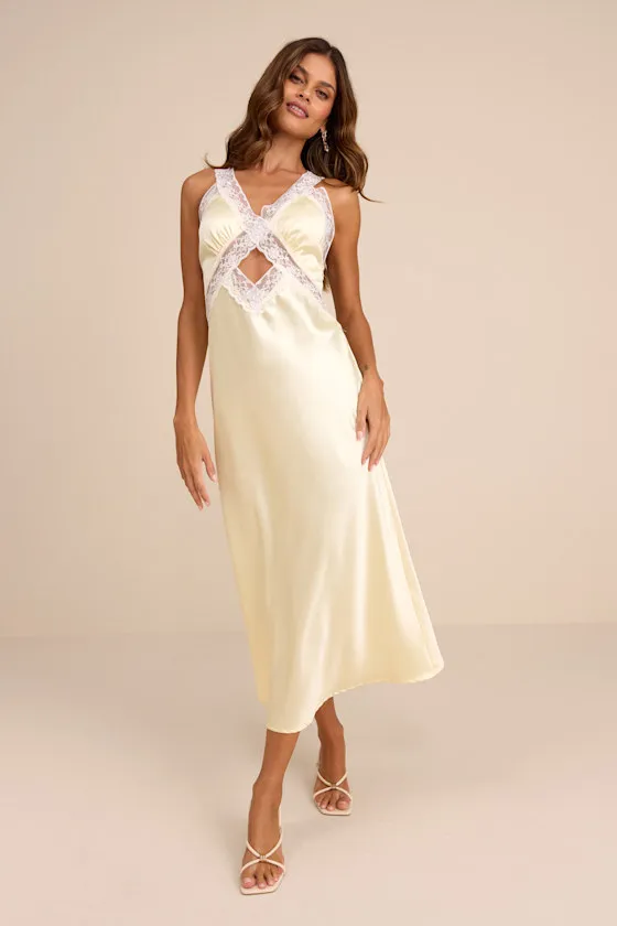 Camara Pale Yellow Satin Lace Slip Midi Dress sold by Lulus