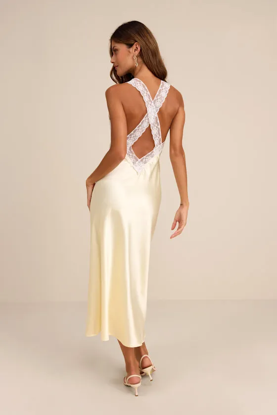 Camara Pale Yellow Satin Lace Slip Midi Dress sold by Lulus product image thumbnail 3