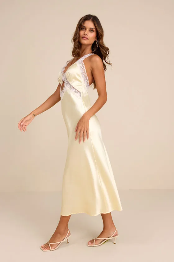 Camara Pale Yellow Satin Lace Slip Midi Dress sold by Lulus product image thumbnail 4
