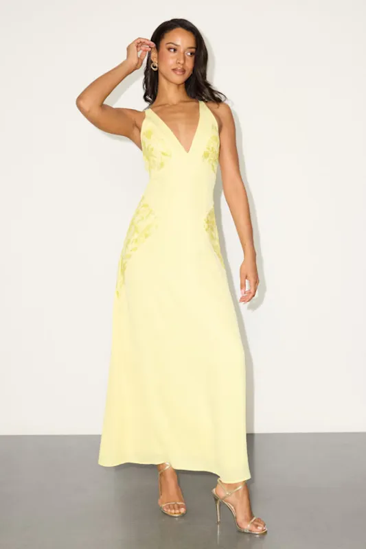 Julissa Light Yellow Embroidered Tie-Back Maxi Dress sold by Lulus