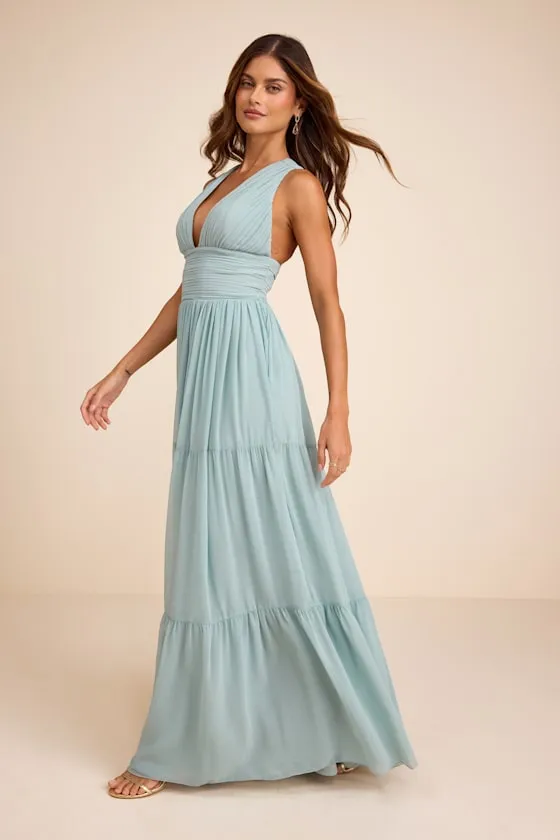 Leora Light Blue Pleated Tiered Maxi Dress sold by Lulus