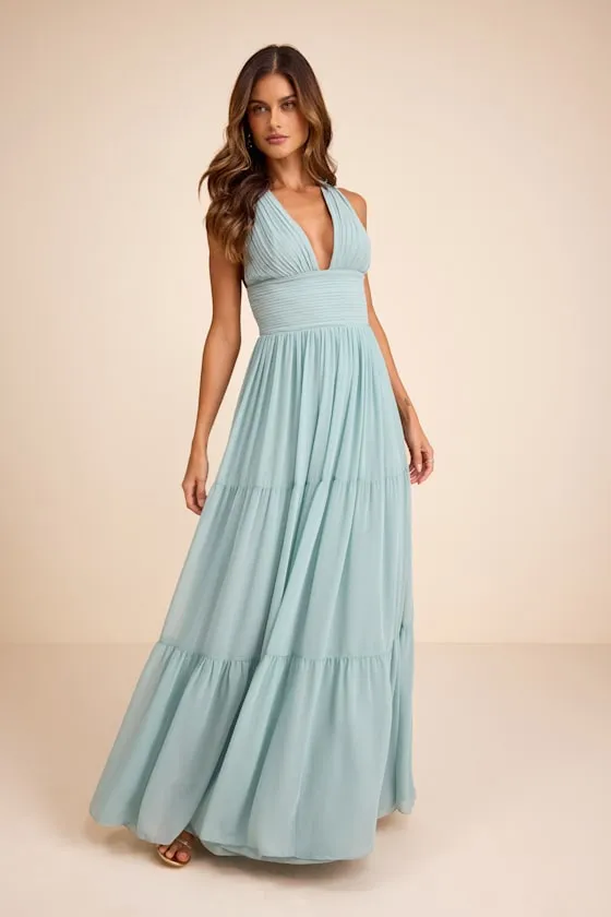 Leora Light Blue Pleated Tiered Maxi Dress sold by Lulus product image thumbnail 4