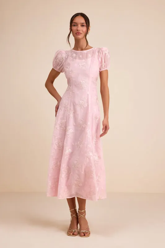 Elfrieda Blush Floral Embroidered Puff Sleeve Midi Dress sold by Lulus
