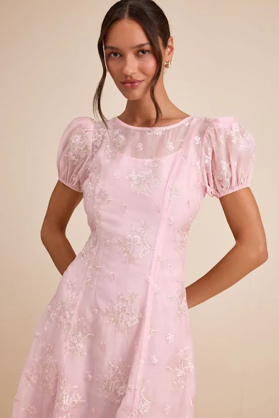 Elfrieda Blush Floral Embroidered Puff Sleeve Midi Dress sold by Lulus product image thumbnail 2