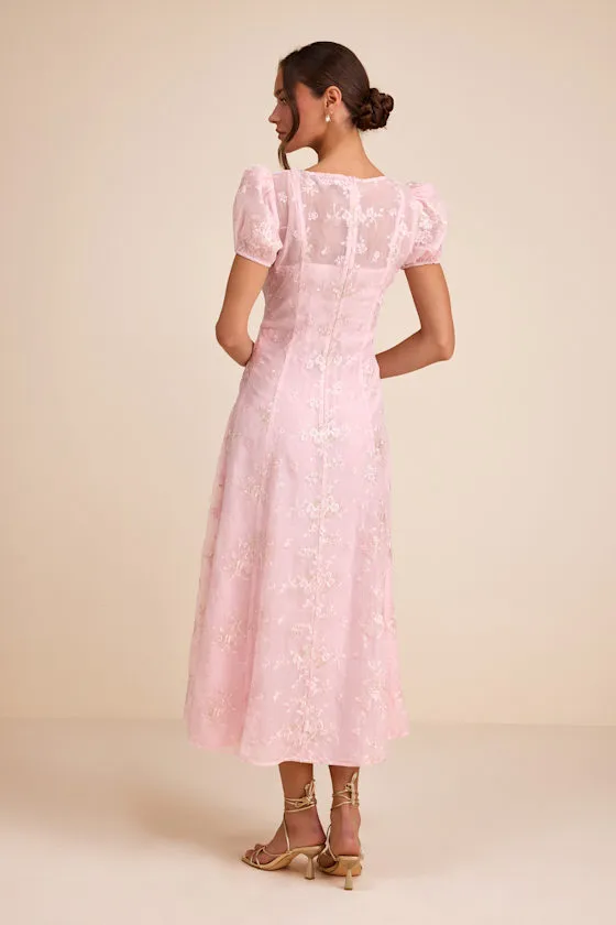 Elfrieda Blush Floral Embroidered Puff Sleeve Midi Dress sold by Lulus product image thumbnail 3