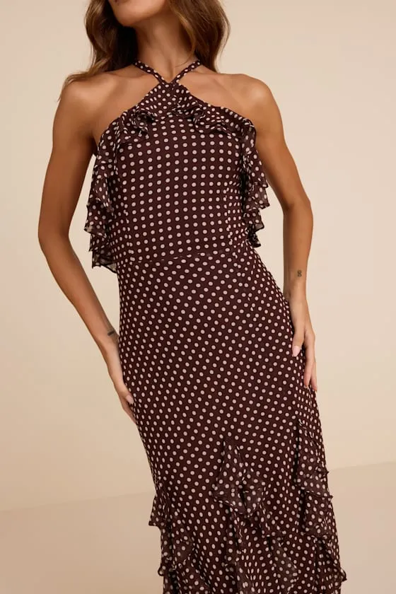 Casey Brown Polka Dot Halter Ruffled Maxi Dress sold by Lulus product image thumbnail 2