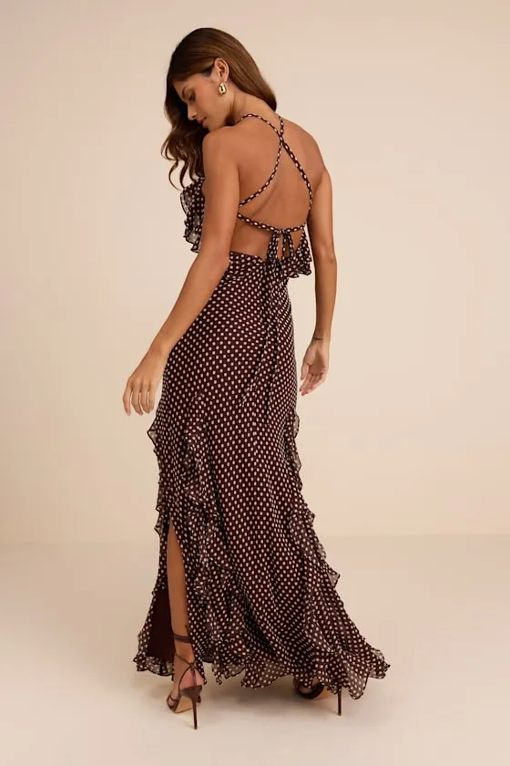 Casey Brown Polka Dot Halter Ruffled Maxi Dress sold by Lulus product image thumbnail 3