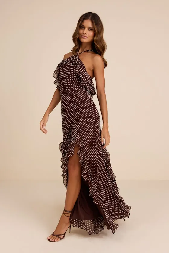Casey Brown Polka Dot Halter Ruffled Maxi Dress sold by Lulus product image thumbnail 4