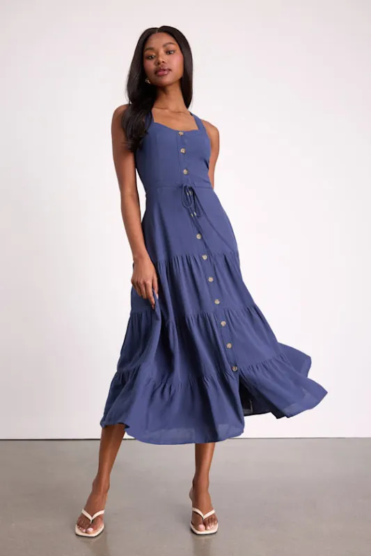 See the City Blue Button-Front Tiered Midi Dress made by Lulus