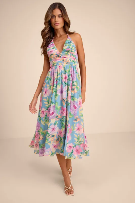 Danelle Light Blue Floral Halter A-Line Midi Dress sold by Lulus