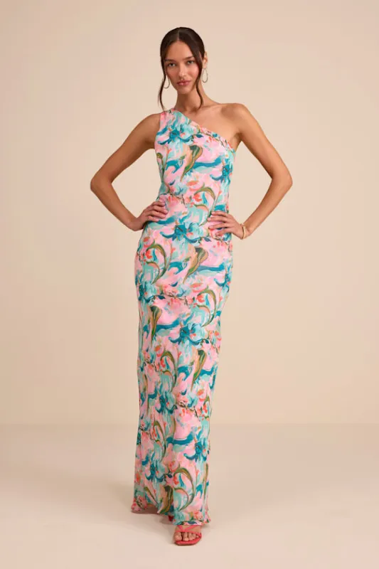 Mikesha Pink Multi Abstract One-Shoulder Sash Maxi Dress made by Lulus