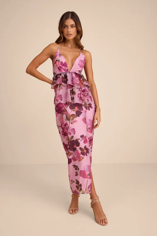 Abella Lilac Floral Peplum Lace-Up Midi Dress sold by Lulus