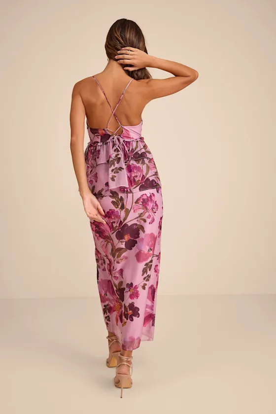 Abella Lilac Floral Peplum Lace-Up Midi Dress sold by Lulus product image thumbnail 3
