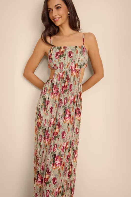 Alara Sage Floral Pleated Cutout Maxi Dress made by Lulus