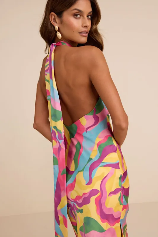 Glowing Presence Yellow Multi Abstract Satin Halter Maxi Dress sold by Lulus