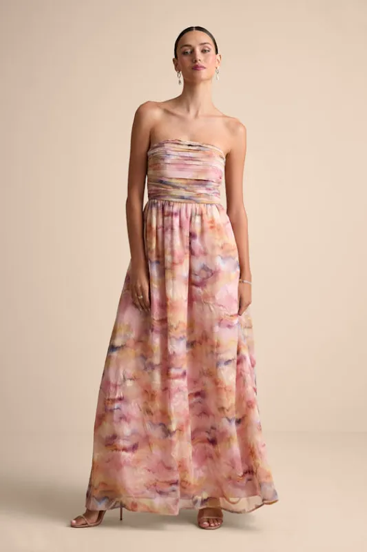 Mykala Light Pink Abstract Pleated Strapless Maxi Dress sold by Lulus