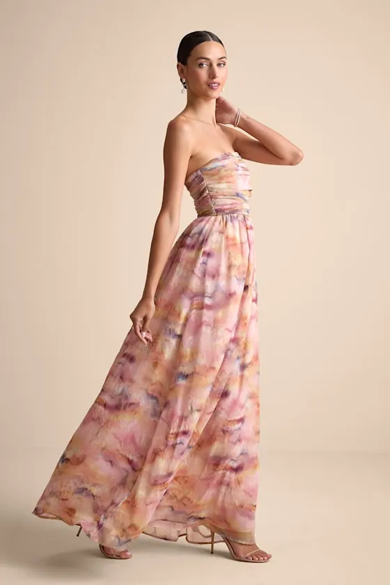Mykala Light Pink Abstract Pleated Strapless Maxi Dress sold by Lulus product image thumbnail 4