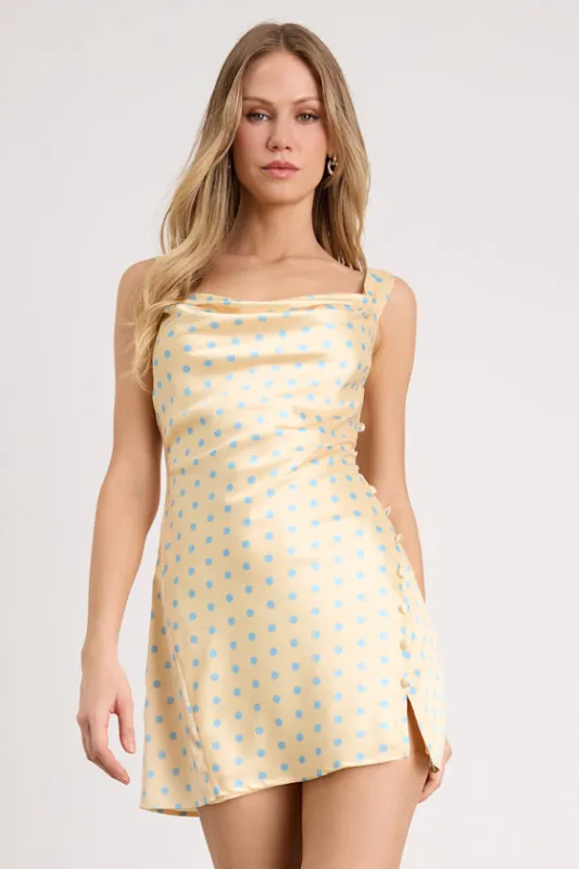 Candace Light Yellow Polka Dot Satin Mini Dress sold by Lulus
