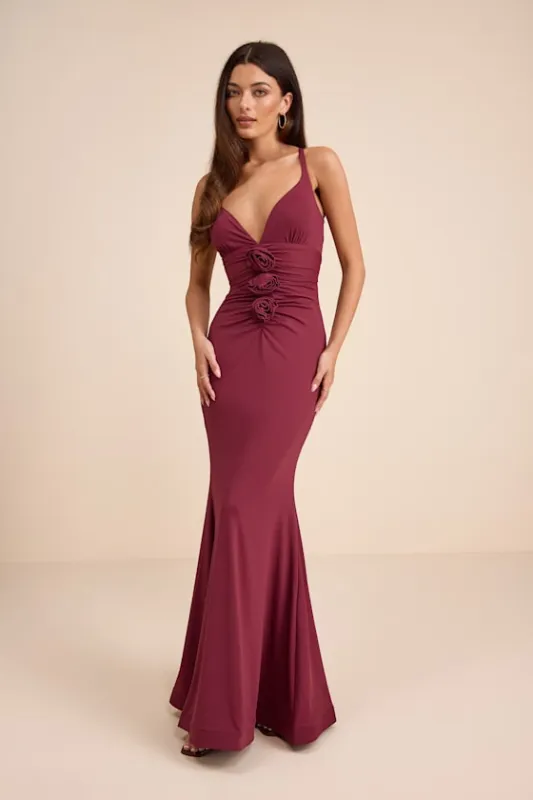 Dinah Wine Red Slinky Knit Rosette Maxi Dress made by Lulus