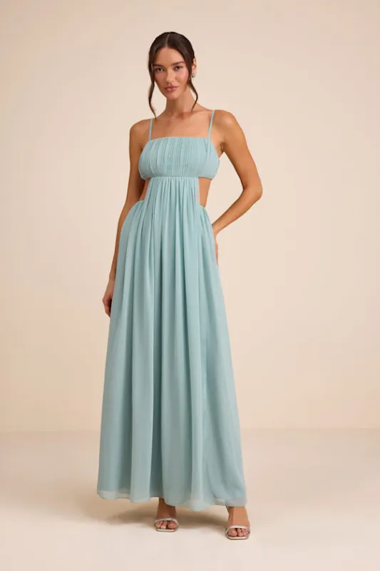 Adara Light Blue Pleated Cutout Maxi Dress made by Lulus