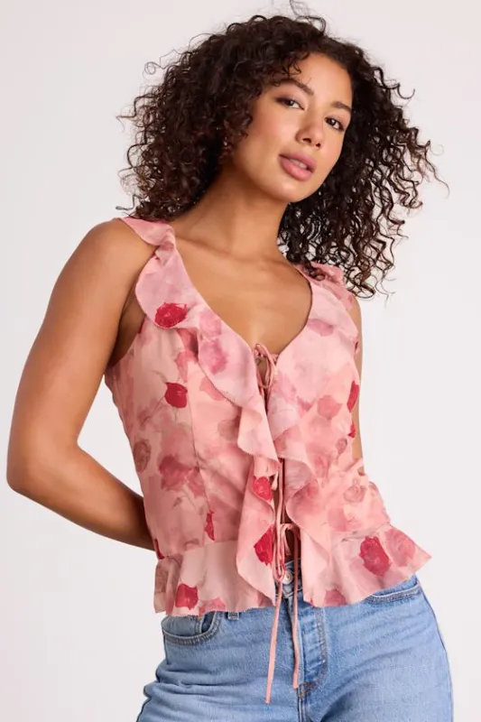 Ivanna Dusty Pink Floral Ruffled Tie-Front Tank Top made by Lulus