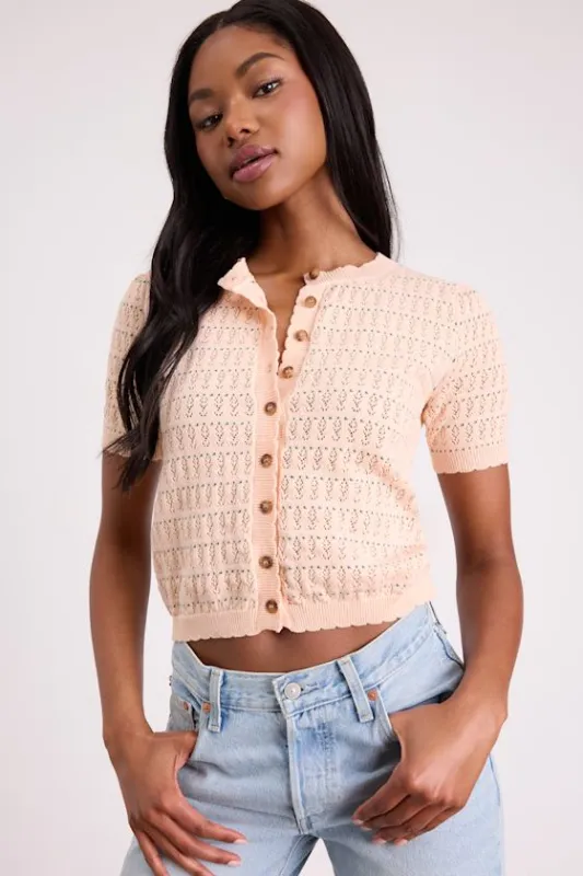 Reni Peach Pointelle Knit Short Sleeve Cardigan sold by Lulus