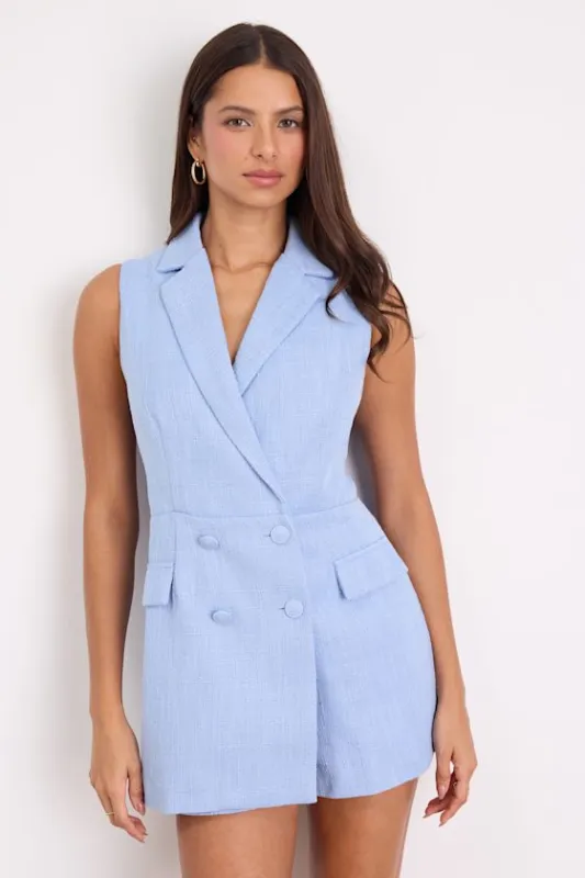 Paris Light Blue Tweed Collared Romper made by Steve Madden
