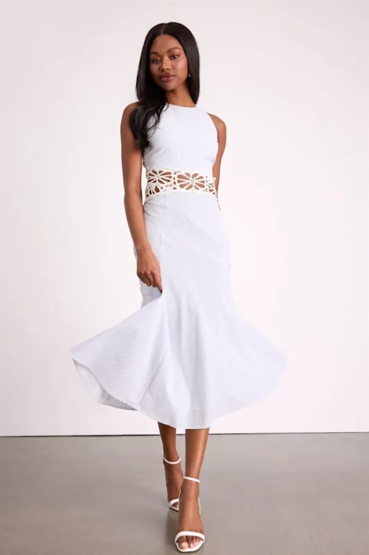 Shya Blue and White Striped Crochet Lace Midi Dress made by Lulus