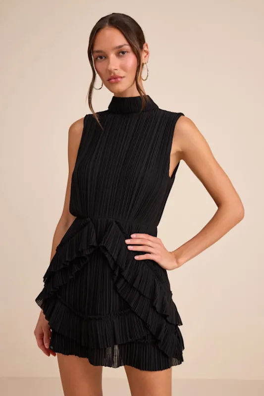 Alvana Black Plisse Mock Neck Ruffled Mini Dress made by Lulus