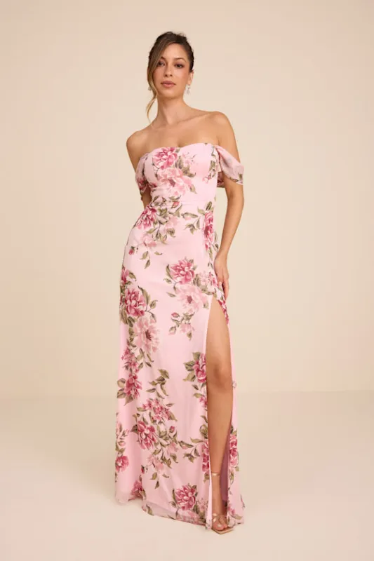 Magical Magnetism Light Pink Floral Off-the-Shoulder Maxi Dress made by Lulus
