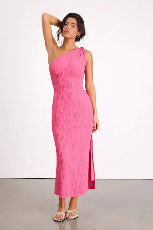 Aristea Fuchsia Textured One-Shoulder Midi Dress made by Lulus