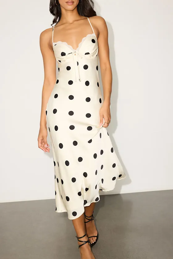 Maxime Ivory Polka Dot Satin Cowl Back Midi Dress sold by Lulus product image thumbnail 2