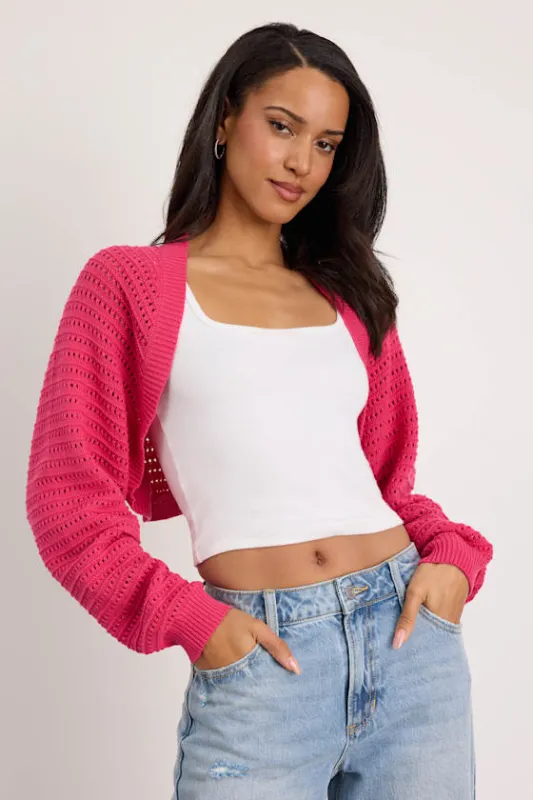 Perfectly Comforting Fuchsia Pointelle Open-Front Shrug Sweater made by Lulus