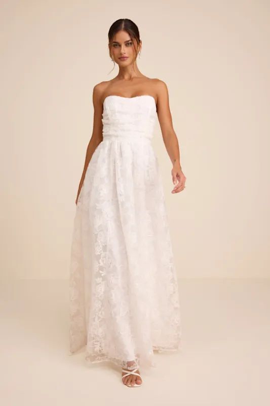 Roslyn White Embroidered Strapless Bustier Maxi Dress sold by Lulus