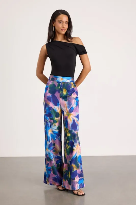 Thriving Vibes Blue Floral Print Satin Wide-Leg Pants made by Lulus