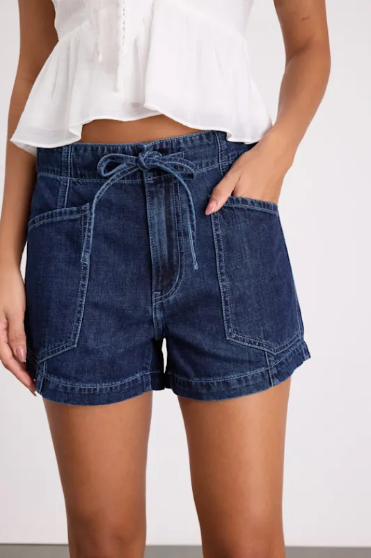Catalina Dark Wash Denim Drawstring Shorts sold by Lulus