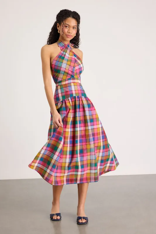 Rynna Pink Multi Plaid Cross-Front Halter Midi Dress sold by Lulus