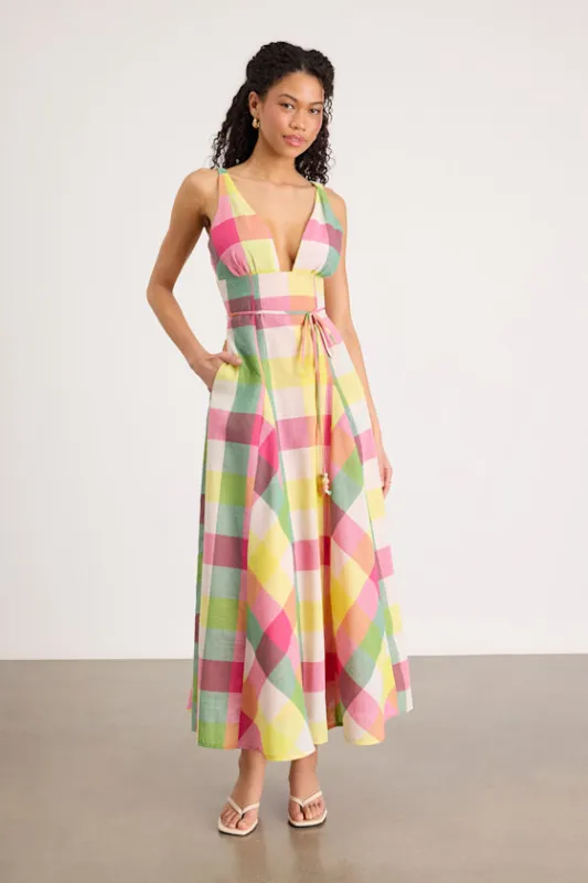 Jonna Yellow Multi Gingham Sleeveless Midi Dress sold by Lulus