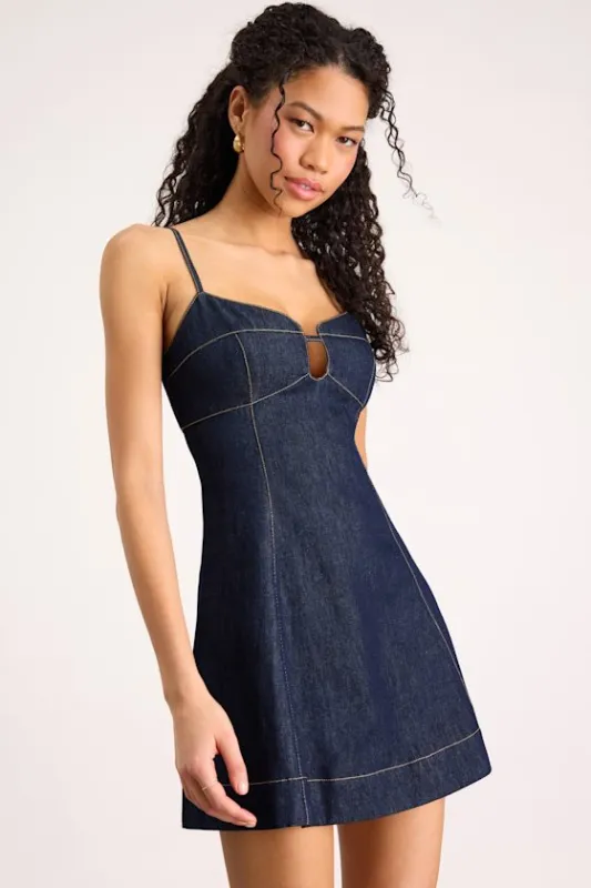 Faida Dark Wash Denim Skater Mini Dress made by Lulus