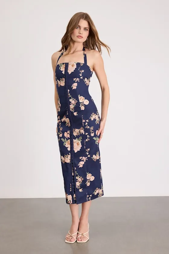 Arrosa Navy Floral Halter Midi Dress sold by Lulus