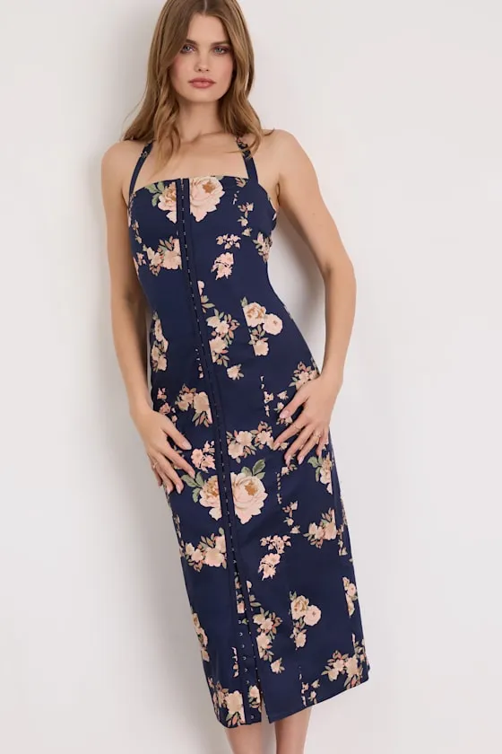 Arrosa Navy Floral Halter Midi Dress sold by Lulus product image thumbnail 2