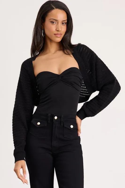 Perfectly Comforting Black Pointelle Open-Front Shrug Sweater sold by Lulus