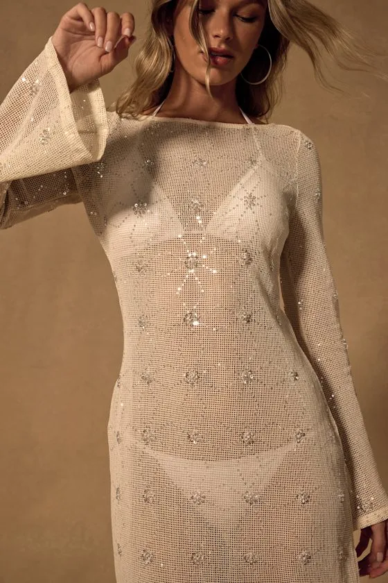Sunbeam Cream Crochet Sequin Maxi Swim Cover-Up sold by Lulus