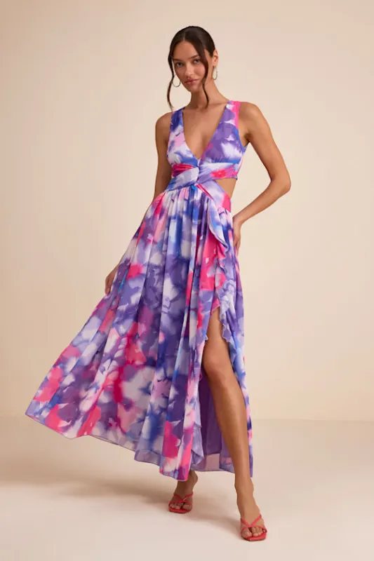 Elisanna Purple Multi Floral Lace-Up Midi Dress made by Lulus