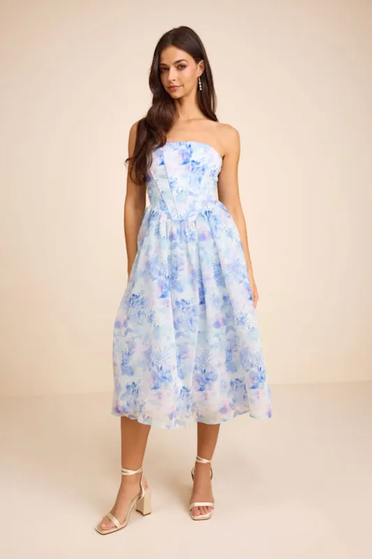 Eulalia Light Blue Floral Lace-Up Strapless Bustier Midi Dress sold by Lulus