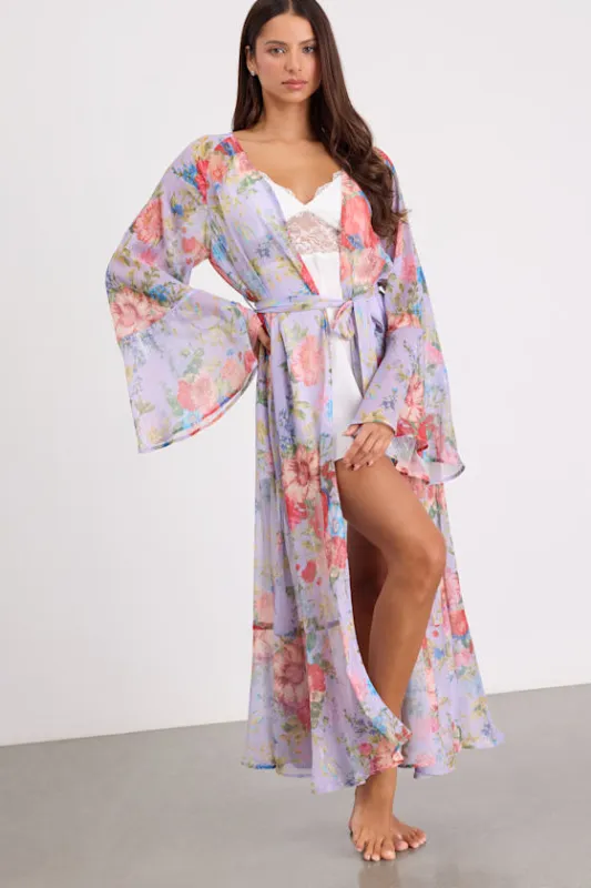 Cheyenne Lavender Floral Lurex Bell Sleeve Long Robe made by Lulus